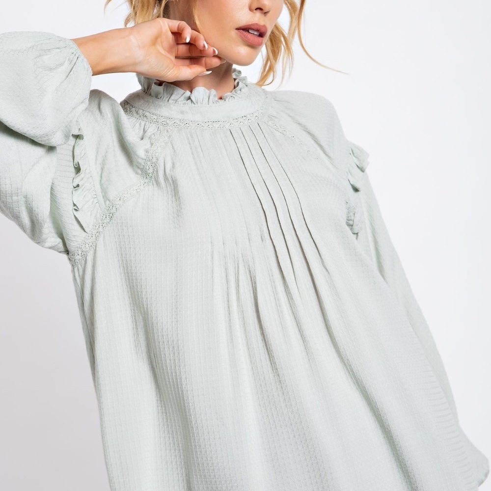 Easel Elegant Ruffled Blouse in Light Green